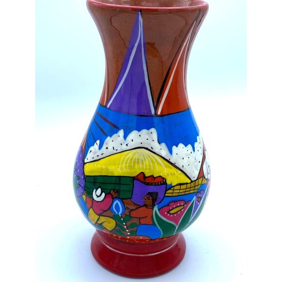 Tonala Mexican Pottery Hand Painted Vase Town Scenes - Picture 3 of 5